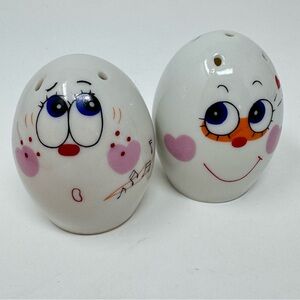 Vintage Papel Porcelain Mug People Egg With Face Salt & Pepper Shakers Set 1970s